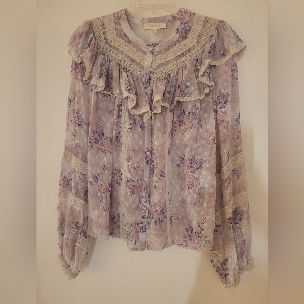LoveShackFancy Lavender Floral Ruffled Button Blouse